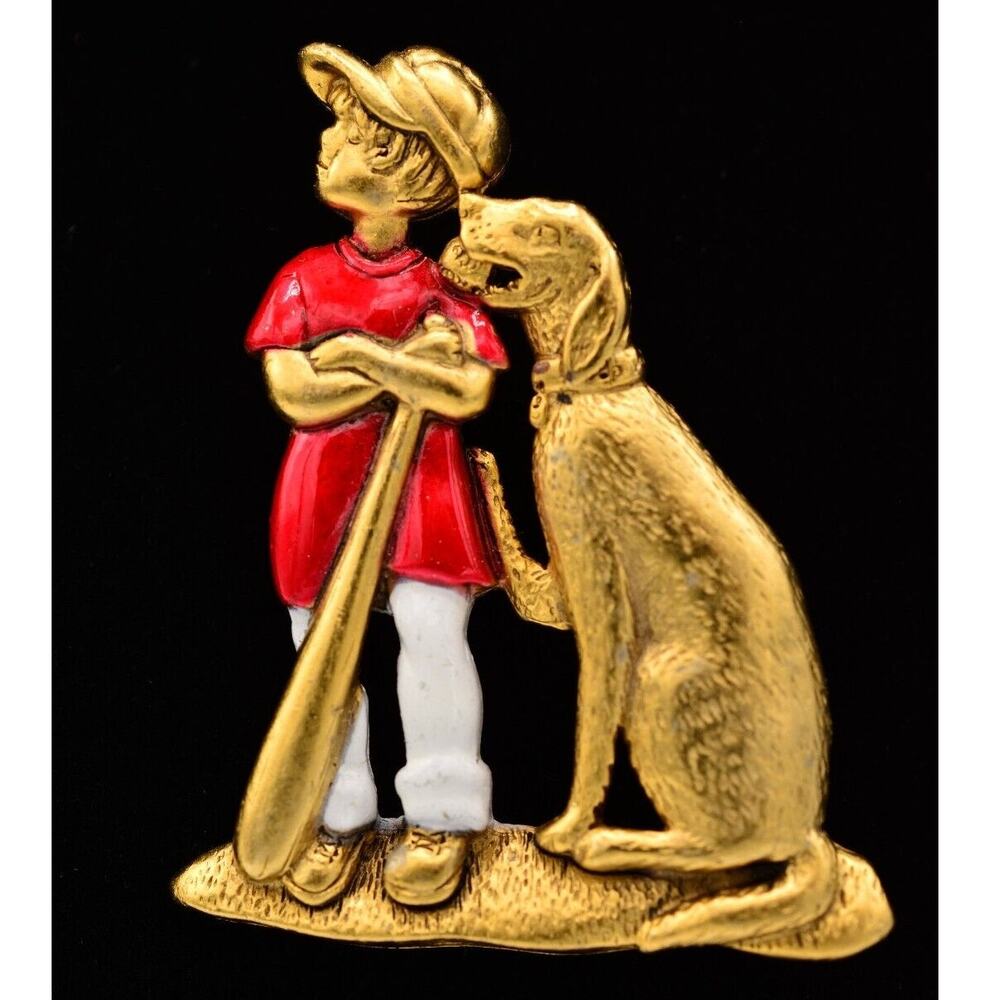 Danecraft Vintage Boy Dog Baseball Pin Brooch Golden Friend Gold NOS 1980s BinA3
